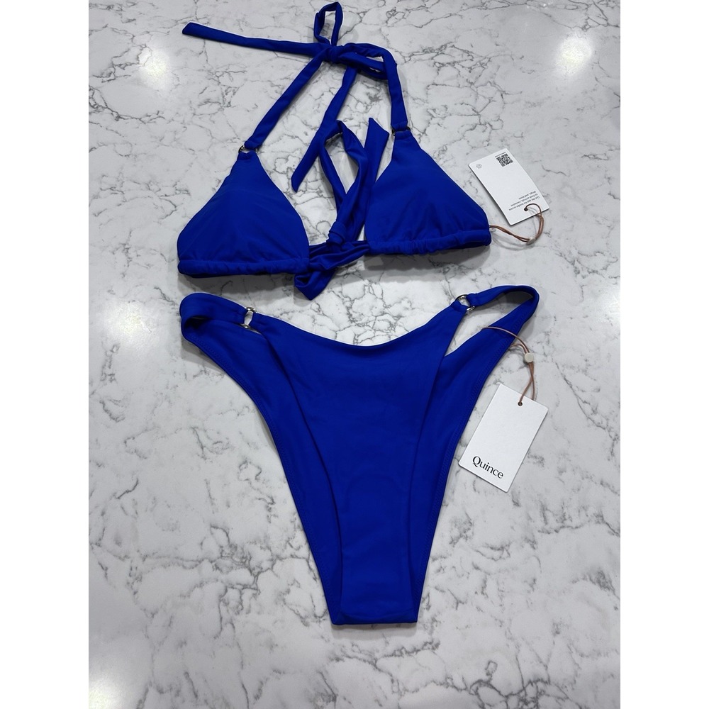 NWT Quince Electric Blue Italian Full Coverage Ring Triangle Bikini Top & Bottom